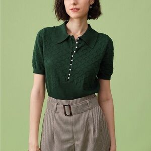 Rihoas Green Short Sleeve Textured Lapel Knit Tee